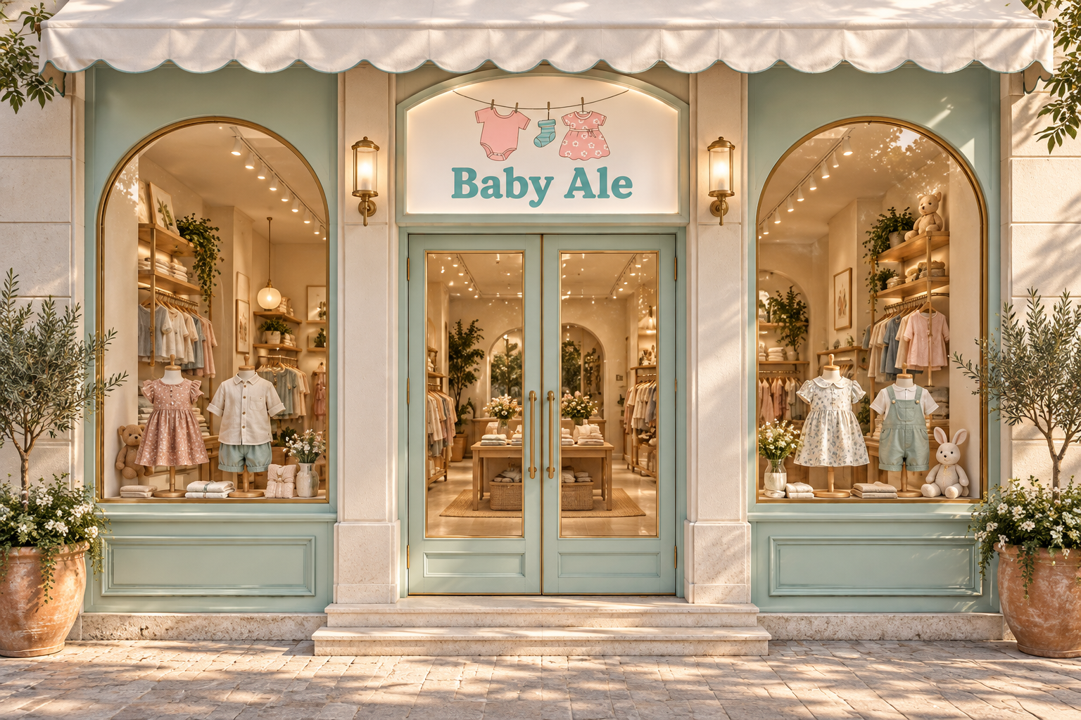 Fachada virtual Baby Ale con letrero, vitrinas y puertas de cristal